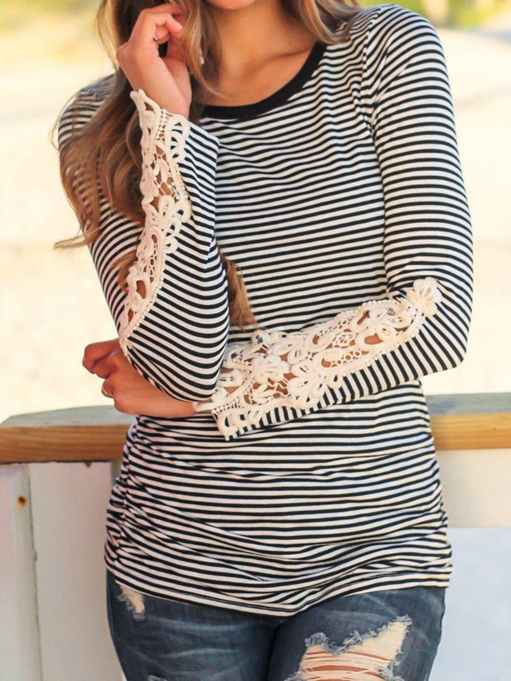 NWOT Black & White Striped Long Sleeve Top with Crochet Sleeve Detail